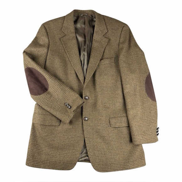 Banana Republic Men’s Suit Blazer 44L Wool Glen Check Elbow Patches Brown